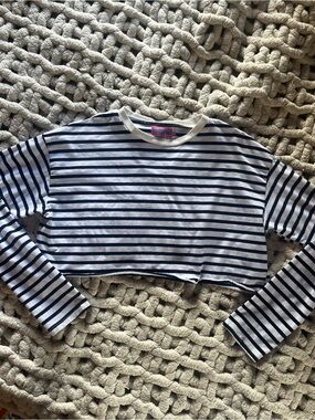 Edikted Navy & White Striped Cropped Long Sleeve Tee